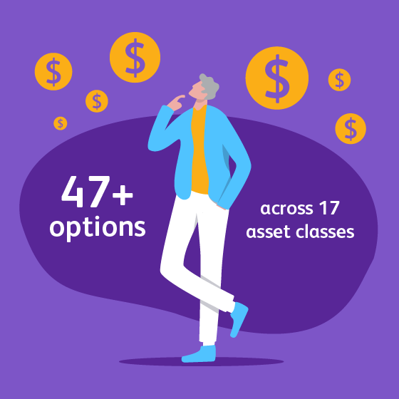 Illustration conveying access to over 47 investment options across 17 asset classes.