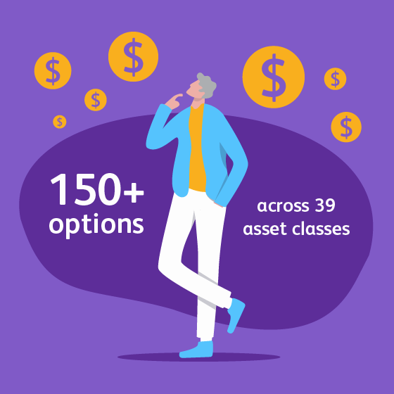 Illustration conveying access to over 150 investment options across 39 asset classes.