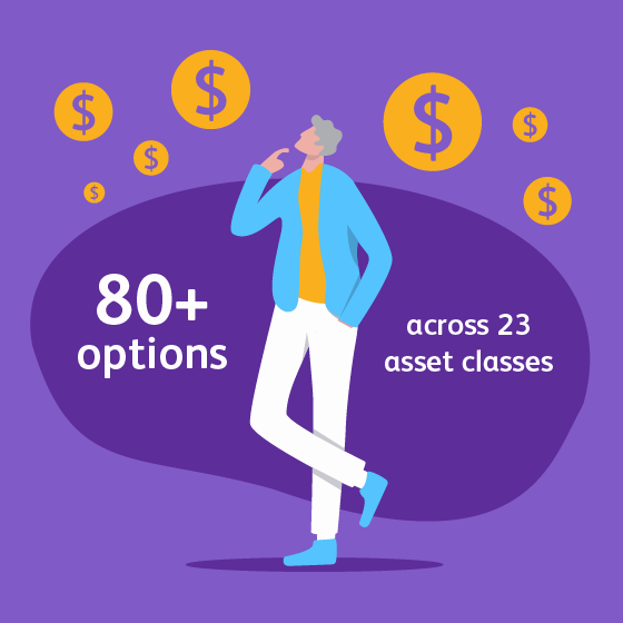 Illustration conveying access to over 80 investment options across 23 asset classes.