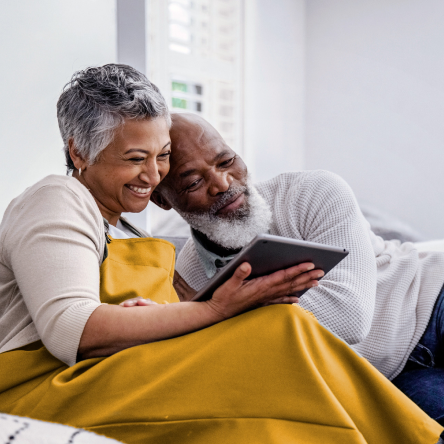 Smiling couple reading about Protective Aspirations variable annuity.