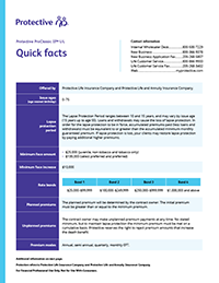 quick fact sheet for Protective ProClassic II universal life insurance