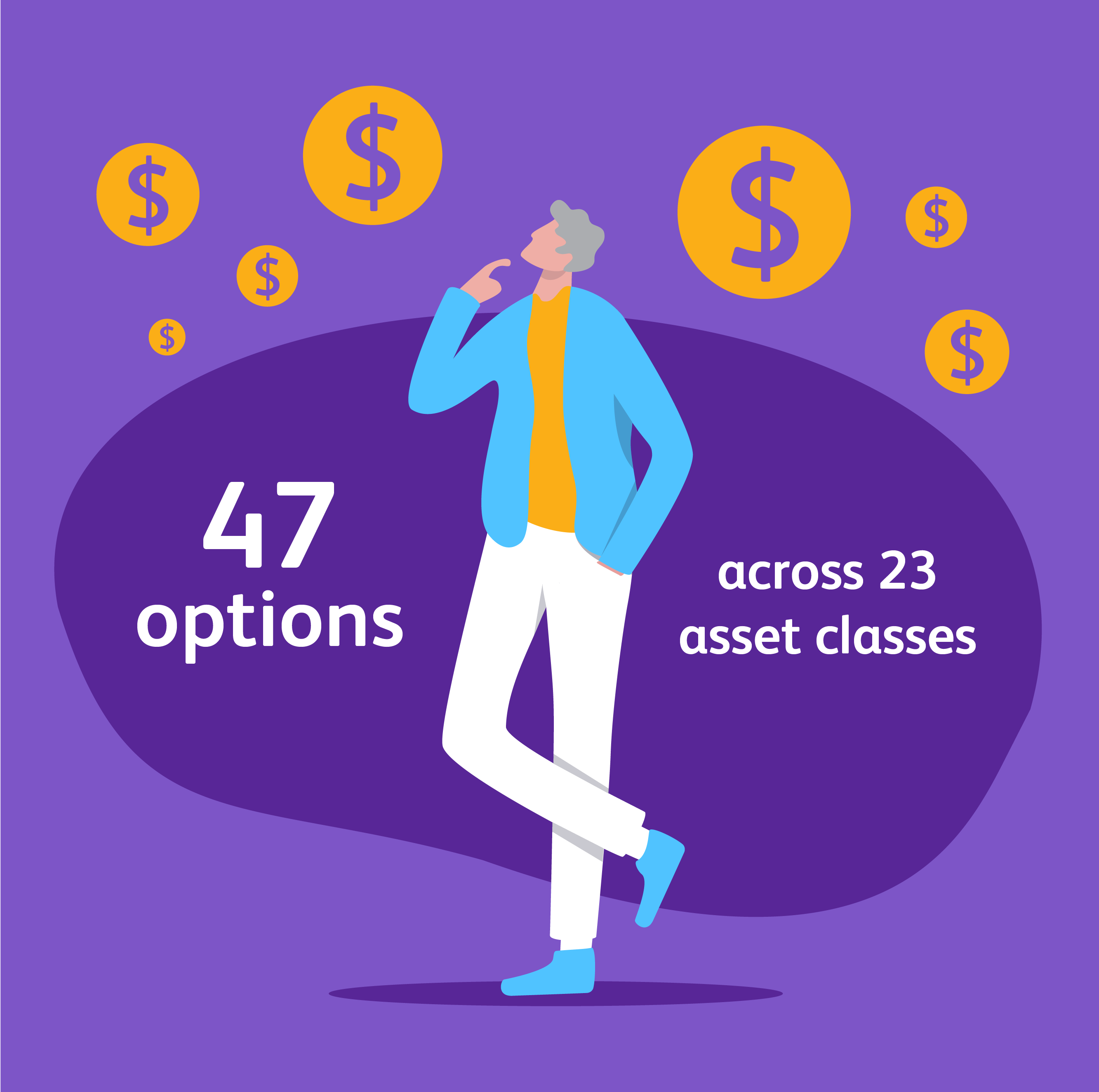 Illustration conveying access to over 47 investment options across 23 asset classes.