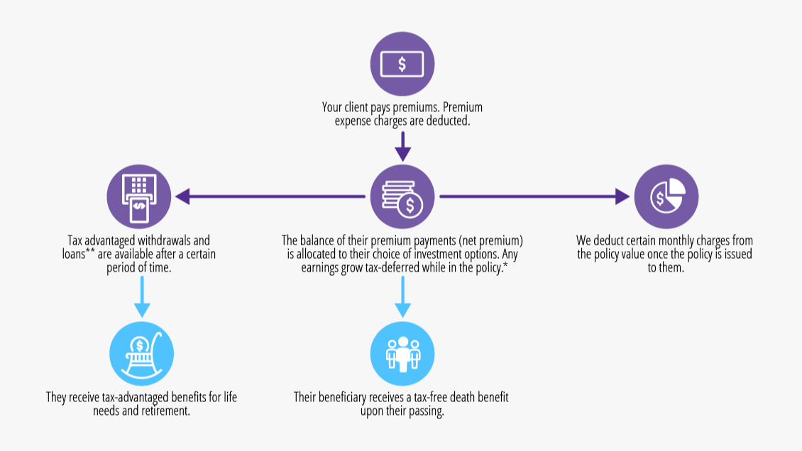 A graphic explaining how a variable universal life insurance policy works.