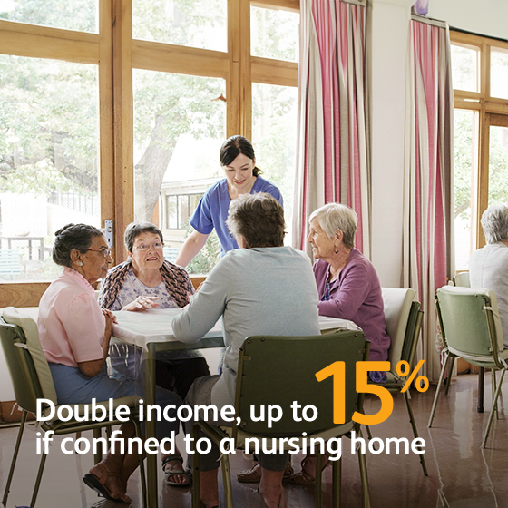 Thumbnail from a video showing people inside a nursing home with text highlighting double income up to 15%.