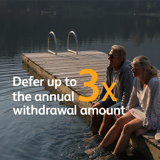 Thumbnail from a video showing a retirement-age couple sitting on a boat dock with text highlighting defer up to 3x the annual withdrawal amount.