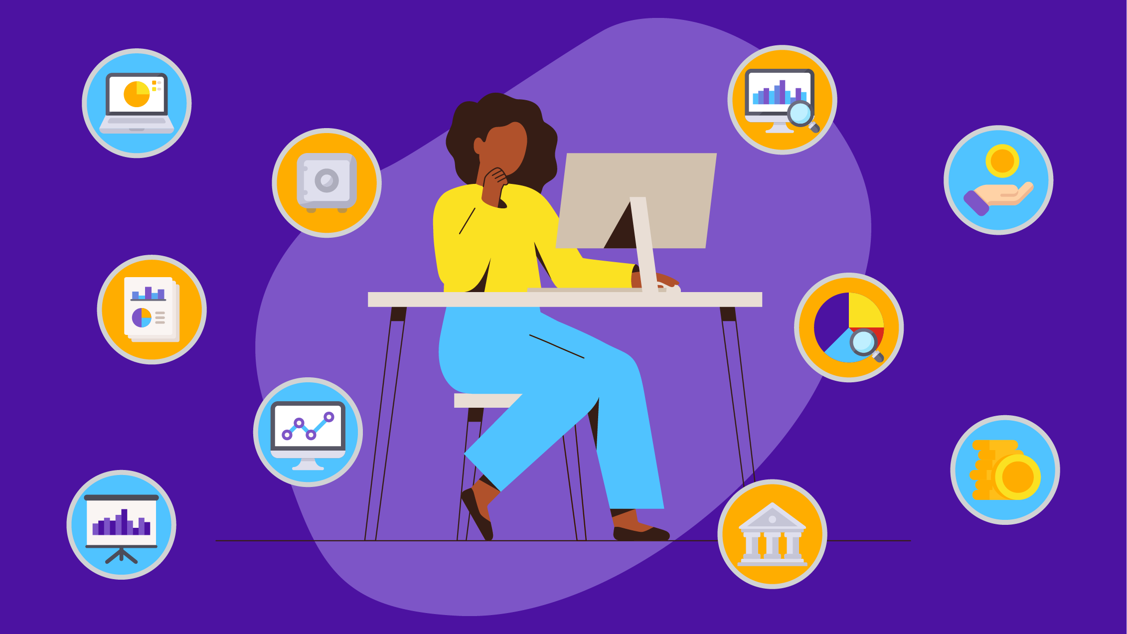 Illustration of a woman using her computer to browse different fund options.