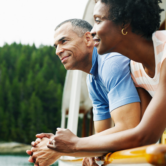 A middle aged couple enjoying a boat ride, knowing their wishes are protected with the Income Provider Option.