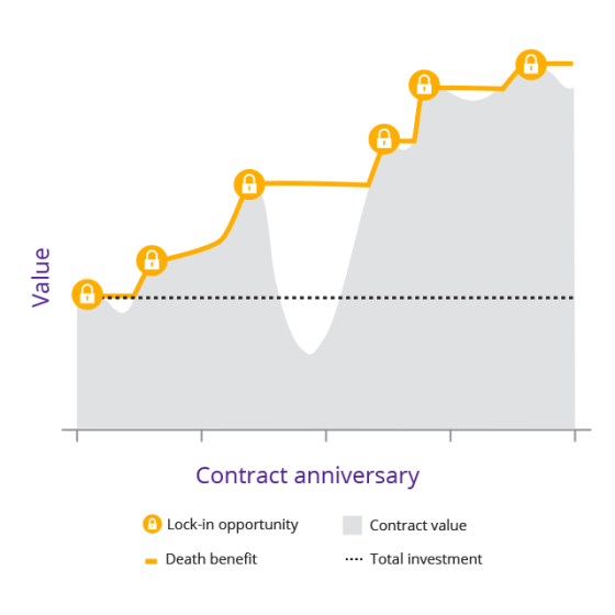 Graph shows death benefit's contract value increasing on a daily basis when the market experiences gains.