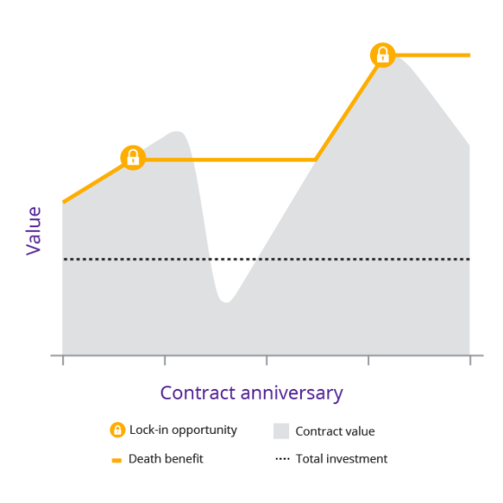 Graph shows death benefit's contract value increasing on an annual basis when the market experiences gains.
