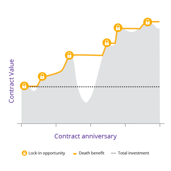 Graph shows death benefit's contract value increasing on a daily basis when the market experiences gains.