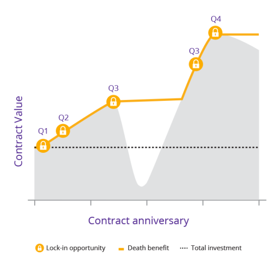 Graph shows death benefit's contract value increasing on a daily basis when the market experiences gains.